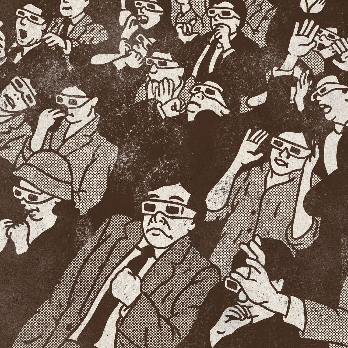 The crowd puts on the glasses